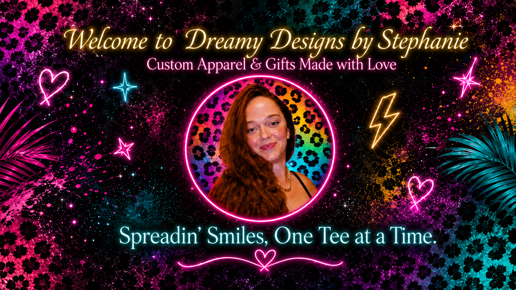 Promotional graphic for Dreamy Designs by Stephanie with a colorful design and a photo of a woman.